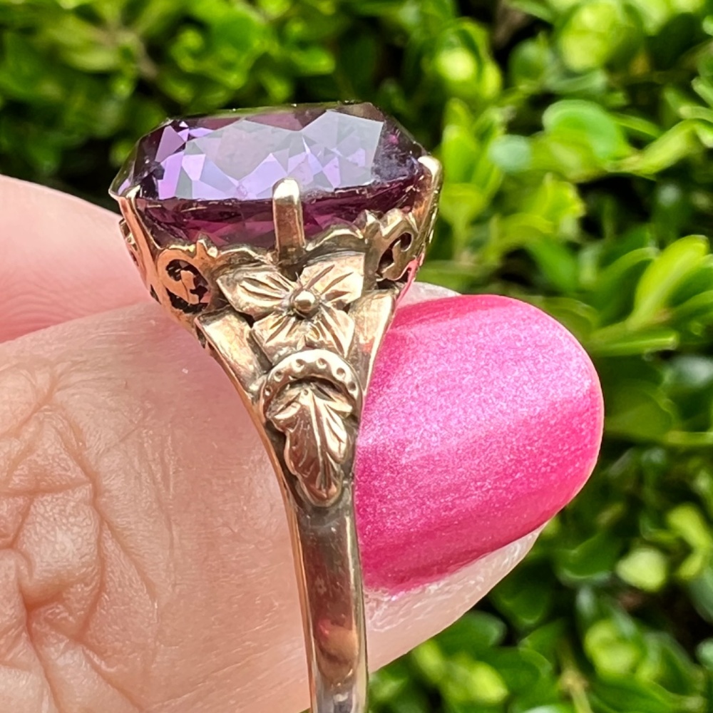 VINTAGE 14K YELLOW GOLD PURPLE COLOR CHANGE SAPPHIRE ALEXANDRITE FLOWER RING - Picture 5 of 16